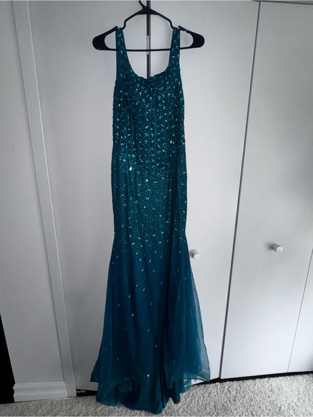 Teal Beaded Sequined Evening Gown